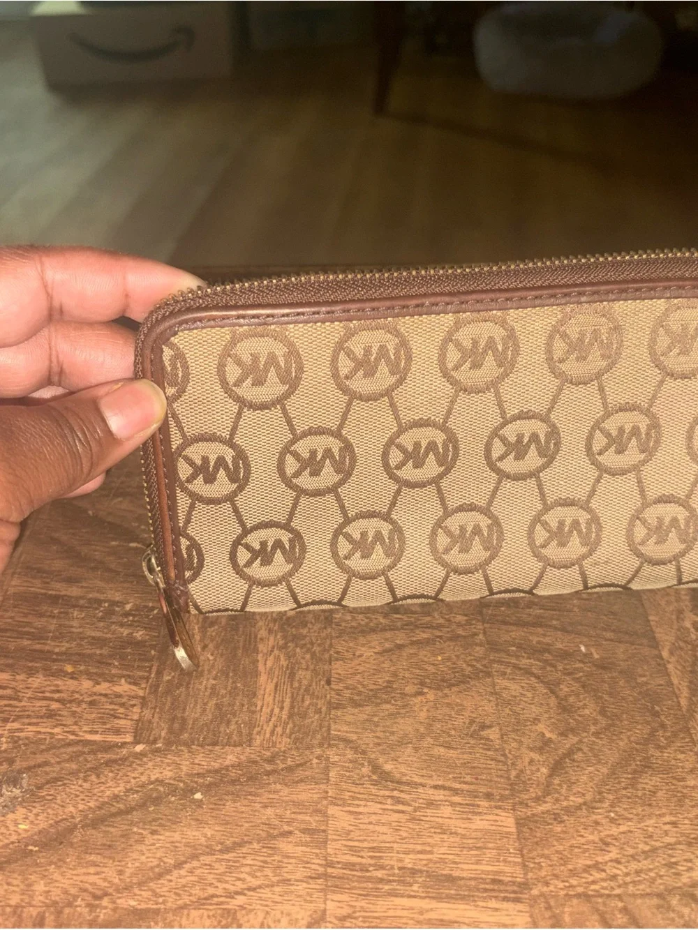 Michael Kors Tan and Brown MK Signature Zip Wallet with Gold Plate